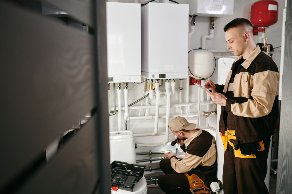 L’importanza-della-manutenzione-regolare-per-il-tuo-sistema-di-riscaldamento Tecnici al lavoro per riparare una caldaia